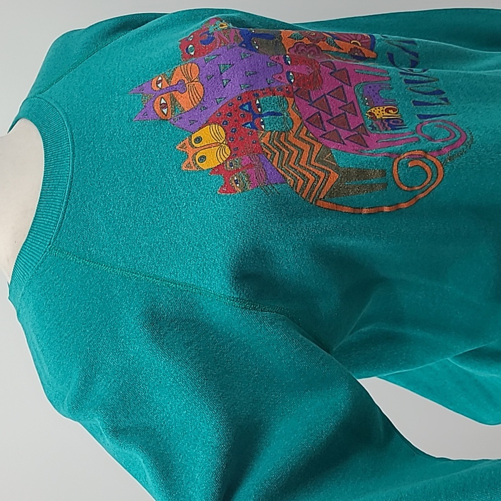 Vintage Laurel Burch I LOVE CATS! Sweatshirt teal green large hanes - Picture 11 of 16
